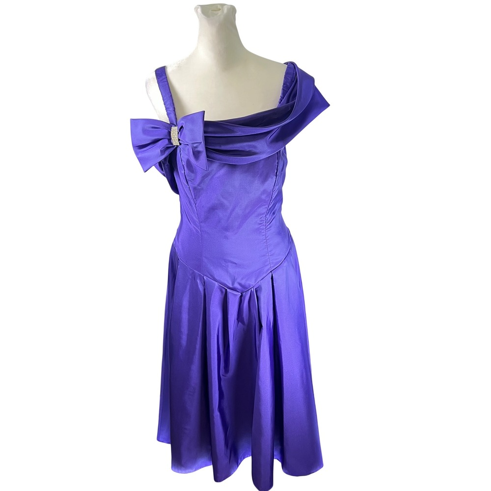Jordan Fashions Vintage Purple Taffeta One‎ Shoulder Bow Cocktail Prom Dress 5/6